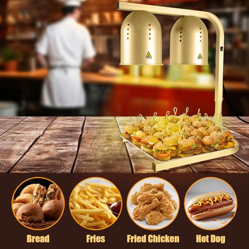 Food Heat Lamp with 2 x 250W Bulbs, 5000+ Hour Lifespan, Gold | 12"×20" Warming Area, UL-Tested, Adjustable Height Stand 22"-30", Commercial & Home Use Restaurant Buffet Bakery Catering - color: Gold