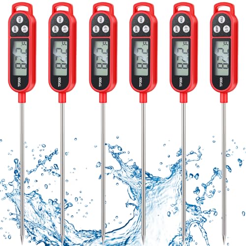 6 Pcs Instant Read Meat Thermometer Long Probe,Red | Probe Waterproof Digital Thermometer, For Cooking BBQ Water Milk Liquids, Quick Accurate Food Temperature - color: Red