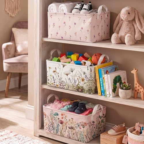 Wild Flowers Shelf Basket Floral Baby Shower Basket for Kids Girls Room Rectangle Clothes Toys Cube Storage Basket (Flowers) - color: Wild flower
