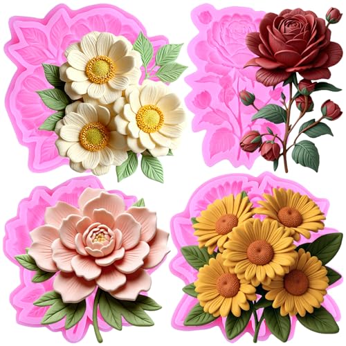 Mujiang Flower Silicone Mold Peony Rose Daisy Flower Fondant Mold Set of 4 | Flower Chocolate Candy Mold Wedding Birthday Cupcake Topper Cake Decorating Polymer Clay Resin Gum Paste - color: Style L