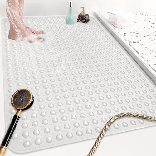 Shower Mat Non Slip: 47.2 x 31.5 Inch Extra Large TPE Shower Mats for Inside Shower - Anti Slip Shower Stall Matt with Drain Hole and Suction Cups for Elderly - color: White, size: 47.2" x 31.5" (Rectangular)