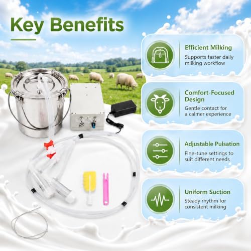 Plug-in 5L Goat Milking Machine Adjustable Pulsating Vacuum Pump | with 304 Stainless Steel Milk Bucket, Adjustable Pulsation Frequency, Portable Compact Overall Design