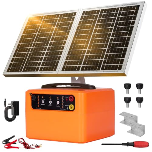 30 Miles/48km Solar Electric Fence Charger,15W Solar Powered Fencer with Adjustable 6KV to 12KV Output (0.3J-1.5J),Battery Level LCD Display,All-Weather Kit for Livestock,Deer,Farm,Yard - color: Orange