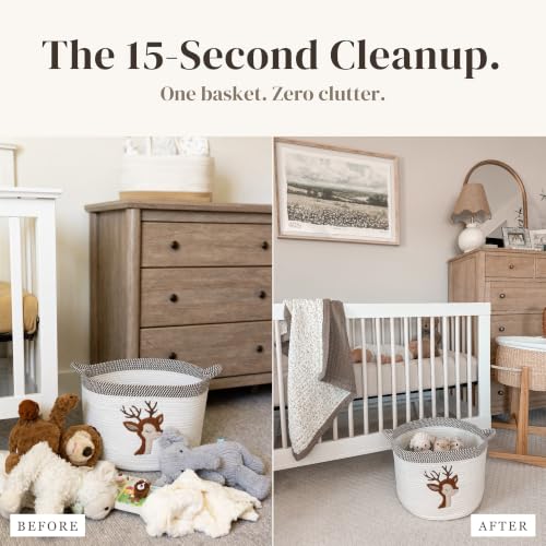 Deer Baby Storage Basket, Woven Cotton Rope Nursery Bin, 15x11 in | Stuffed Animal and Blanket Storage, Soft Felt Deer Patch, Woodland Nursery Decor, Kids Playroom Organizer - color: Deer