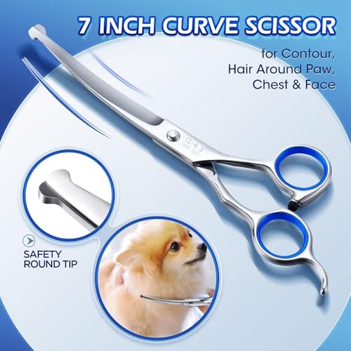 Gimars Professional 5 in 1 Grooming Scissors for Dogs 4CR with Safety Round Tip, Heavy Duty Titanium Coated Straight & Thinning & Curved Shears - style: Professional Blue 5 in 1