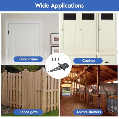 HOME MASTER HARDWARE 6" Heavy Duty Gate Hinges, 4 Pack T-Strap Hinge, Black | Steel Wought Hinges for Wooden Fences, Shed Door, Rotate 270 Degrees, 70LBS Capacity, Included Screws, Black Finish