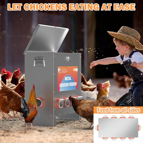 HAYOHRT 85-120LBS Capacity Chicken Feeder No Waste 10-Ports Automatic Large Poultry Feeder with Latch & Handle for Chickens Bantams Pheasants Poultry Coop Weatherproof - size: 10 Ports - 85-120 lBS