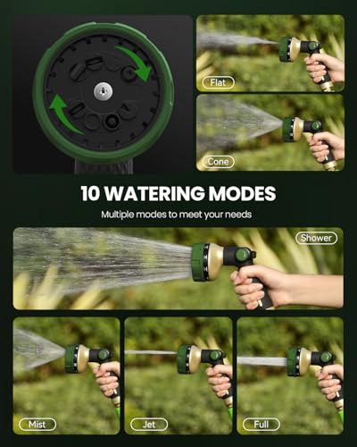 RAINPOINT Garden Hose Nozzle - 100% Heavy Duty Metal Thumb Control Spray Nozzles for Garden Hose High Pressure, 10 Pattern Water Hose Nozzle for Car Wash, Watering Lawn, Pets, Dark Green - color: Dark Green