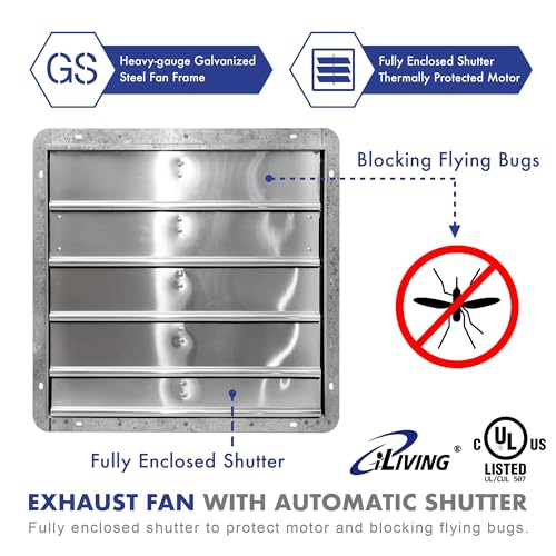 iLIVING 20" Shutter Exhaust Fan with Wireless Smart Remote Controlled Thermostat and Humidity, Variable Speed Wall Mounted Attic Vent Fan, Chicken Coop Ventilation, 3368 CFM, 5000 SQF Coverage Area - size: 20 inches