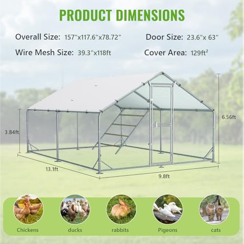 Large Metal Chicken Coop Runs for Yard with Cover, 10x13x6.5 | Perch Bars, Split Doors, Waterproof Covers, Mesh Wire - size: 157.5"L x 118.1"W x 78.7"H