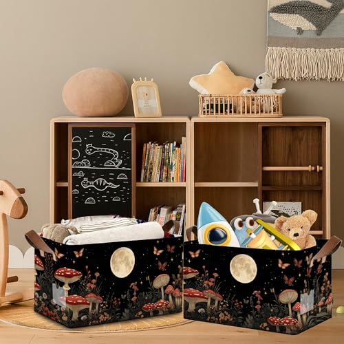 Mushroom Moon Storage Baskets,Butterfly Plants Foldable Organizer Bin with Handles for Home Living Room Bedroom Closet Box 17x11.5x10Inch - color: Mushroom Moon Butterfly Plants
