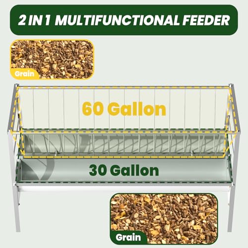 62'' Long Goat Feeder with 26'' Wide Tray, 90 Gallon Heavy Duty Alloy Steel Goat Hay Feeder for Goats Sheep Lambs Horses Farms Sheds, Ease of Assembly, Rust-Proof, Detachable Grain Tray - style: Alloy Steel
