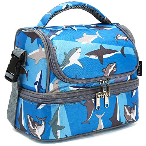 FlowFly Kids Double Decker Cooler Insulated Lunch Bag Large Tote for Boys, Girls, Men, Women, With Adjustable Strap, Shark - color: Shark