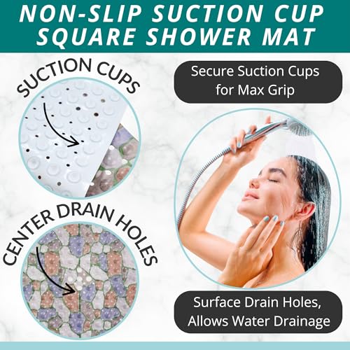 ENKOSI Square Shower Mat 21x21 inch - Anti Slip Shower Stall Floor Mat - Non Slip Shower Mats with Strong Secure Suction Cups and Drain Holes in Middle (21x21 Stone Path) - color: Stone Path