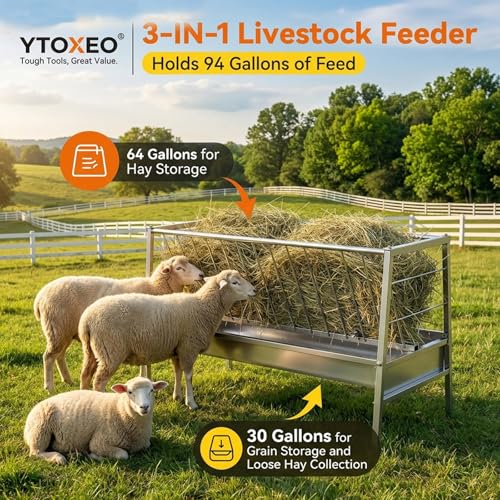 Stainless Steel Goat Sheep Feeder, 94-Gallon Grain|Water|Hay Feeder, 8.0'' Deeper|59" Long Feeding Pan, Livestock Hay Rack for Barn, Pasture, Cow Shed, Courtyard