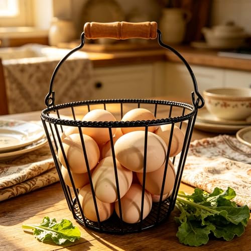 Metal Wire Egg Basket for Gathering Fresh Eggs,Round Egg Collection Basket | TAIANLE Black Farmhouse Egg Collecting Basket for Fresh Egg with Handle,Chicken Egg Holder Kitchen Countertop,Easter Egg Hunt