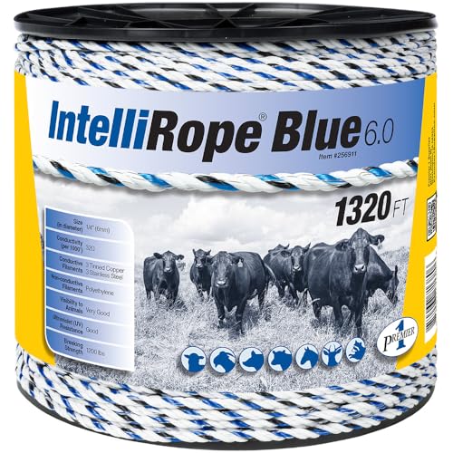 Premier 1 IntelliRope® Blue Electric Fence Rope – 6mm, 1320 ft | 3 tinned copper + 3 SS filaments. Blue filaments visible to animals. For horses, cattle & sheep. - size: 1320' Spool