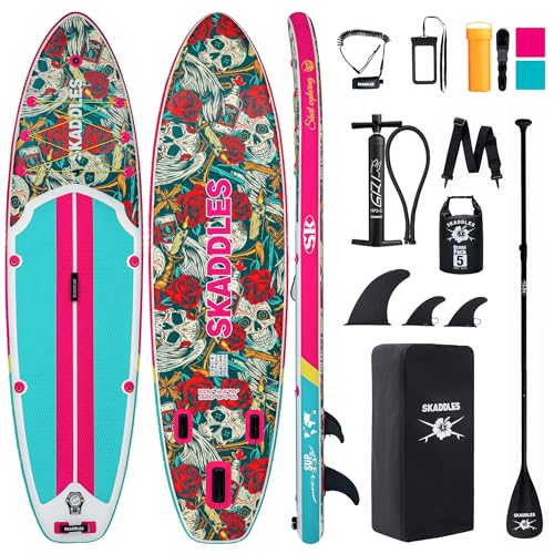 10’6’’ Inflatable Stand Up Paddle Board (SUP) for Adults and Youth with Non-Slip Deck – Complete Accessories Kit, for Fishing, Yoga, Fitness & Family Fun - color: Pink Bones