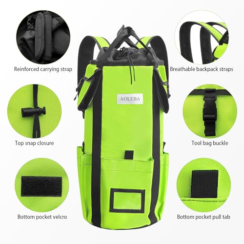 AOLEBA Arborist Rope Storage Bag Tree Climbing Rock Rope Bucket Backpack Rope Storage Bag Large Capacity 1680D Thicken Nylon Material with Hand Straps, Side Pockets - color: Neon Green