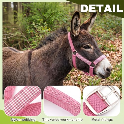 1 Set Mini Donkey Halter with Lead Rope Adjust, Pink | Nylon Head Collar, Cute and Stylish, for Miniature Donkey and Small Equines, Farm Ranch Pasture Outdoor, Gingham Plaid Trim - color: Pink