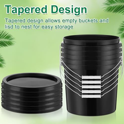 Tioncy 24 Pcs 2 Gallon Plastic Buckets with Lids and Handles,Black | Storage Pails for Paint, Cleaning, Organizing, Durable Containers, Metal Handles, Plastic Material - color: Black