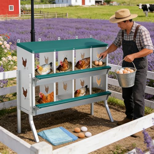 Garvee Large Metal Chicken Nesting Boxes for Hens, 8 Compartment Galvanized Steel Nesting Box with Legs, Includes 4 Fake Eggs & 10 Soft Nest Pads, Wall Mount or Freestanding for Coop & Farm - style: 8 Holes w/ Legs