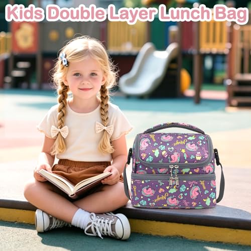 FlowFly Double Decker Cooler Insulated Lunch Bag Large Tote for Boys, Girls, Men, Women, With Adjustable Strap (Purple-Unicorn) - color: Purple-Unicorn