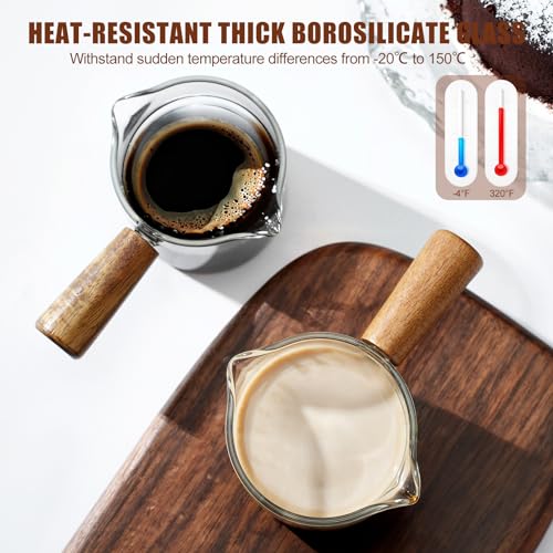 2 Pack Espresso Cups with Wood Handle, 75ML Double Spout Glass Measuring Cup with Dual Scale, Espresso Shot with V-Shaped Mouth, Clear Glass Espresso Accessories, Milk Frothing Pitcher