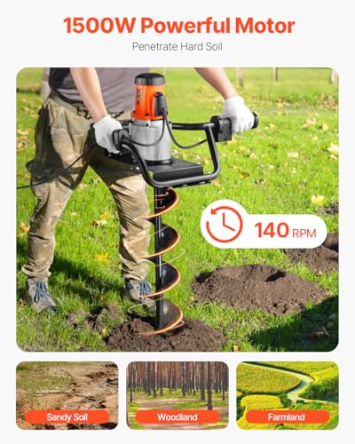 VEVOR Electric Post Hole Digger 1500W 140 RPM with 5.71 in Steel Auger Bit | for Post Hole Digging, Drilling and Tree Planting in Gardens and Yards, with 10.24 in Extension Rod for Reaching Deeper Soil