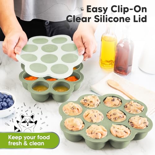 KeaBabies Silicone Food Freezer Trays with Lid, 2oz x 10 Pods (Sage) | Baby Food Storage Containers, Easy Puree Meal Prep, Breast Milk Silicone Freezer Molds, Dishwasher, Microwave Safe, BPA-Free - color: Sage