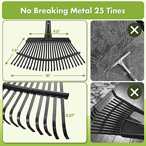 Rake for Leaves, Heavy Duty Leaf Rakes for Lawns & Yard - 65” Adjustable Long Handle 18” Width 25 Metal Tines - Gardening Rake for Adults Kids for Shrub,Grass,Mulch - style: 25 Tines 5FT