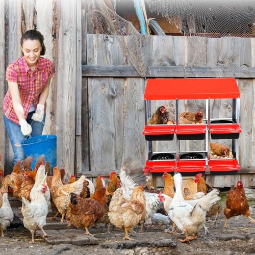 Chicken Nesting Boxes 6-Compartment Wall Mount Roll Away Poultry Laying Boxes with Easy Egg Collection & Cleanable Pull-Out Tray – Heavy Duty Hen Roosting Box for Coop - color: Red