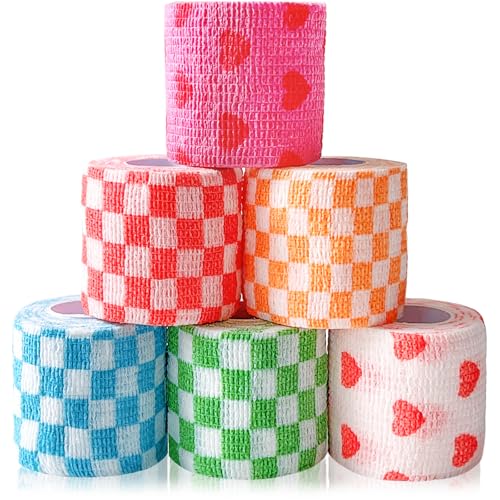 6 Pack 2 Inch x 5 Yards Checkered and Heart Print Pet Vet Wrap for Dogs, Cats, Horses, Non-Woven Self-Adhesive Cohesive Bandage Rolls for Wound Care, Ankle Sprains, Swelling, First Aid Protection - color: Checkered and Heart Print