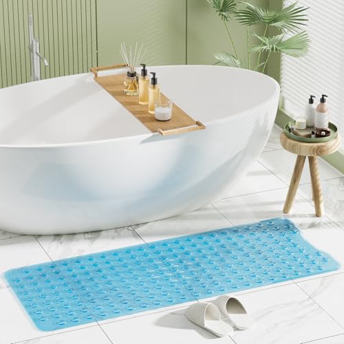 AmazerBath Shower Mat Non Slip 40 x 16 Inches, Bathtub Mat Shower Stall Mats with Suction Cups and Drain Holes, Non Slip Bath Mat for Tub for Elderly & Kids, Clear Blue - color: Clear Blue, size: 40" x 16" (Rectangular)