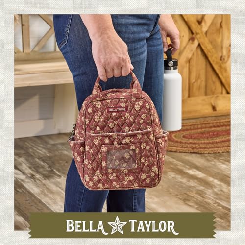 Bella Taylor Lunch Tote, Quilted Lunch Bag, Burgundy Floral | Lightweight quilted cotton lunch box, easy-to-clean PEVA lining, 3 outside/1 inside pocket, durable construction - color: Burgundy Floral