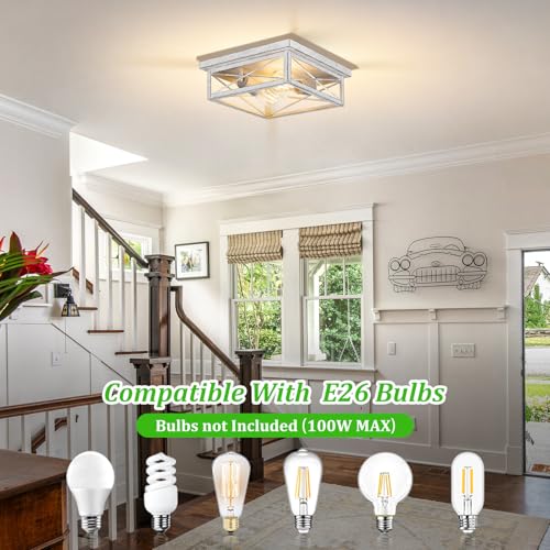 Kondras Antique White Hallway Light Fixture, 2-Light Farmhouse Flush Mount Ceiling Lighting, 1-Pack Metal Kitchen Lighting Fixture, Square Close to Ceiling Lamp for Bedroom Living Room Entryway - color: White, size: 1-Pack