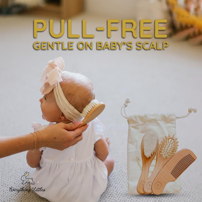 Wooden Baby Brush Set - 3 Pack | Massage Brush, Soft Goat Hair Cradle Cap Brush & Sturdy Wooden Comb for Tangle-Free Baby Hair Grooming | Pull-Free, Gentle on Baby’s Scalp