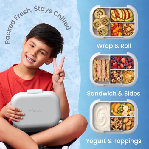 Bentgo Chill Kids 4-Compartment Bento Box Leakproof Lunch Box | Built-In Ice Pack, 3.3 Cup Capacity, BPA-Free, Microwave & Dishwasher Safe Tray, Ideal for Ages 3–7 (Gray) - color: Gray