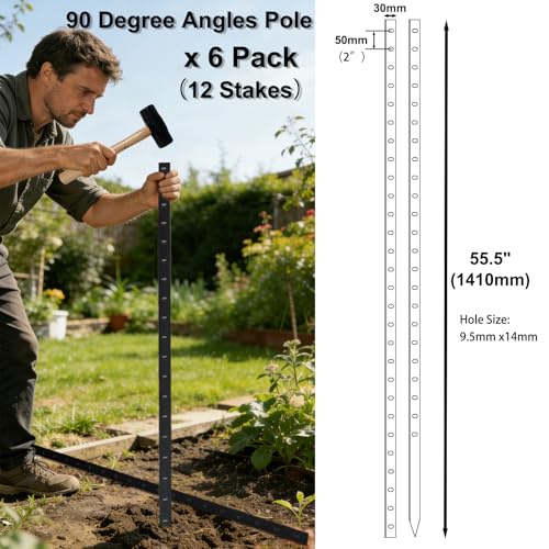8.7Ft Adjustable Black Steel Angle Fence Posts, Heavy Duty Deer Fence Posts with Pre-Drilled Holes for Garden, Yard, and Property Line, 2-Piece Installation with Screws (6 Pack, 12 Stakes)