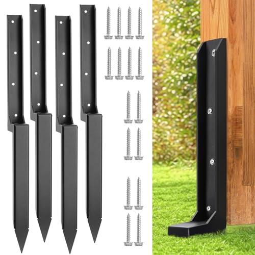 Fence Post Repair Stakes Kit, Black, 4-Pack | 1/8" Thickened Carbon Steel, One-Piece Structure, Heavy Duty Ground Anchor, For Broken/Leaning Privacy Fence & Mailbox Post - color: Black/4 Pack