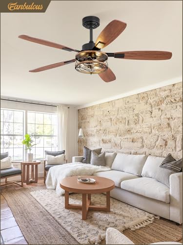 52 Inch Farmhouse Ceiling Fan with Light and Remote, Black Industrial Caged Flush Mount Ceiling Fans with 6 Speed Reversible Motor and Dual Finish 5 Blades, Rustic Ceiling Fan for Living room, Bedroom | Industrial Caged Flush Mount Ceiling Fans with 6 Spe