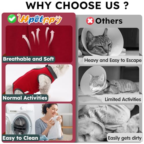 Hpetppy Cat Recovery Suit, Breathable Cat Surgery Recovery Suit Female, Kitten Onesie for After Surgery Spay Surgical Abdominal Wound Skin Diseases Cone of Shame Alternative (Red,S) - color: Red, size: Small