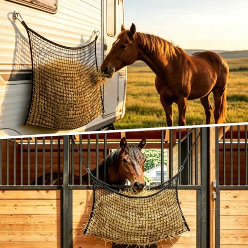 4Pcs Slow Feed Hay Net for Horses, Durable Hanging Hay Bag with Clips for Horses Goats Donkeys Sheep, Easy Loading, Large Capacity, Fits Stall & Trailer, 35" x 31", Black