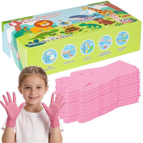 XXS Kids Nitrile Gloves, Latex & Powder Free, 4 Mil, 50 Pairs | XXS Fits Ages 3-8, Food-Grade Material, Waterproof, Textured Grip, Crafts, Painting, Cooking, Science, Messy Play - color: Pink