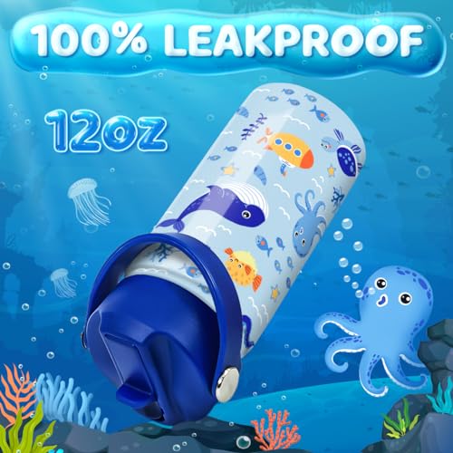 SANDJEST Kids Water Bottle with Straw Lid - 12 Oz Insulated Stainless Steel Ocean Water Bottles for Kid Boys - Travel Cup for School Sports - color: Ocean Animal 1