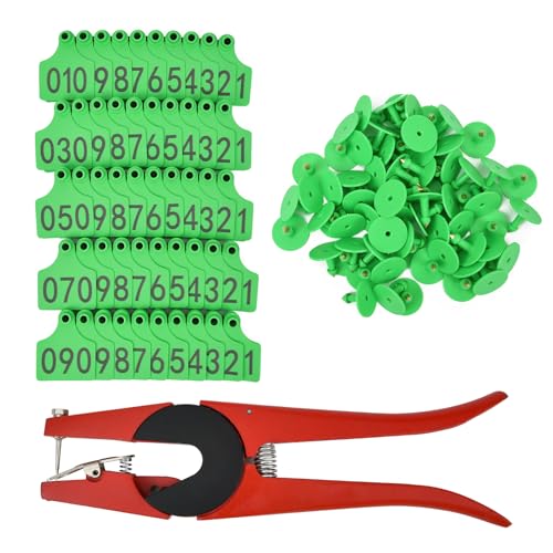 100 Numbered Cattle Ear Tags Large Animal Identification Tags TPU Livestock Ear Tag for Cattle Cow Horse Hog Pig Goat Sheep Applicator Kit (001-100 Green)