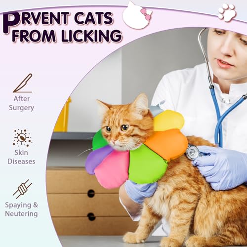 ANWA Waterproof Cat Cone Collar Soft, Cat Donut Collar After Surgery | Wavy Edges for Longer Protection, Waterproof Fabric, Adjustable Drawsting, Rainbow, Large - color: Rainbow, size: Large
