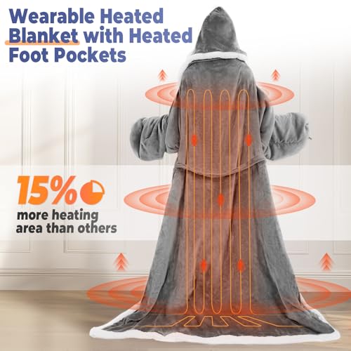 Wearable Heated Blanket with Foot Pocket, Electric Wearable Throw Blanket with Sleeves, Hood, Portable Heated Blanket with 8 Heat Settings, 1-10 Hours Auto Shut-off, Gift for Family, Friends, 50*70" - color: Light Gray