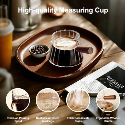Aruizun2 PCS Espresso Measuring Cup, 6 Oz Espresso Shot Glass with ML Scale | Espresso Cups with V-Shaped Spout & Wood Handle, Heat-resistant Borosilicate Glass Pitcher for Coffee, Milk & Syrup - color: 2 pcs