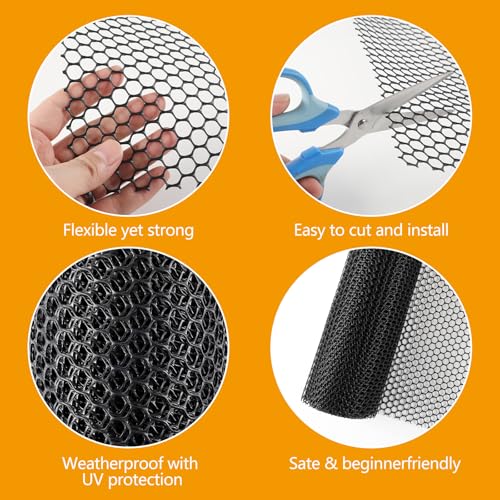 Chicken Wire Fencing Roll 15.7 in x 20 ft, Black Plastic Garden Mesh | HDPE weather-resistant mesh, easy to cut and install, includes 30 zip ties, for gardens, plant protection, pets and coops - color: Black( Plastic)